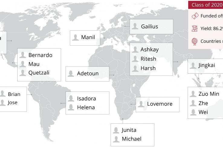 Computer generated map with student names linked to different countries