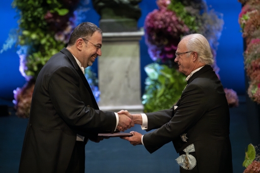 Daron Acemoglu receiving award from the Swedish King