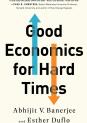 Good Economics for Hard Times cover, with text in bold font, in front of a blue arrow pointing up and an orange arrow pointing down